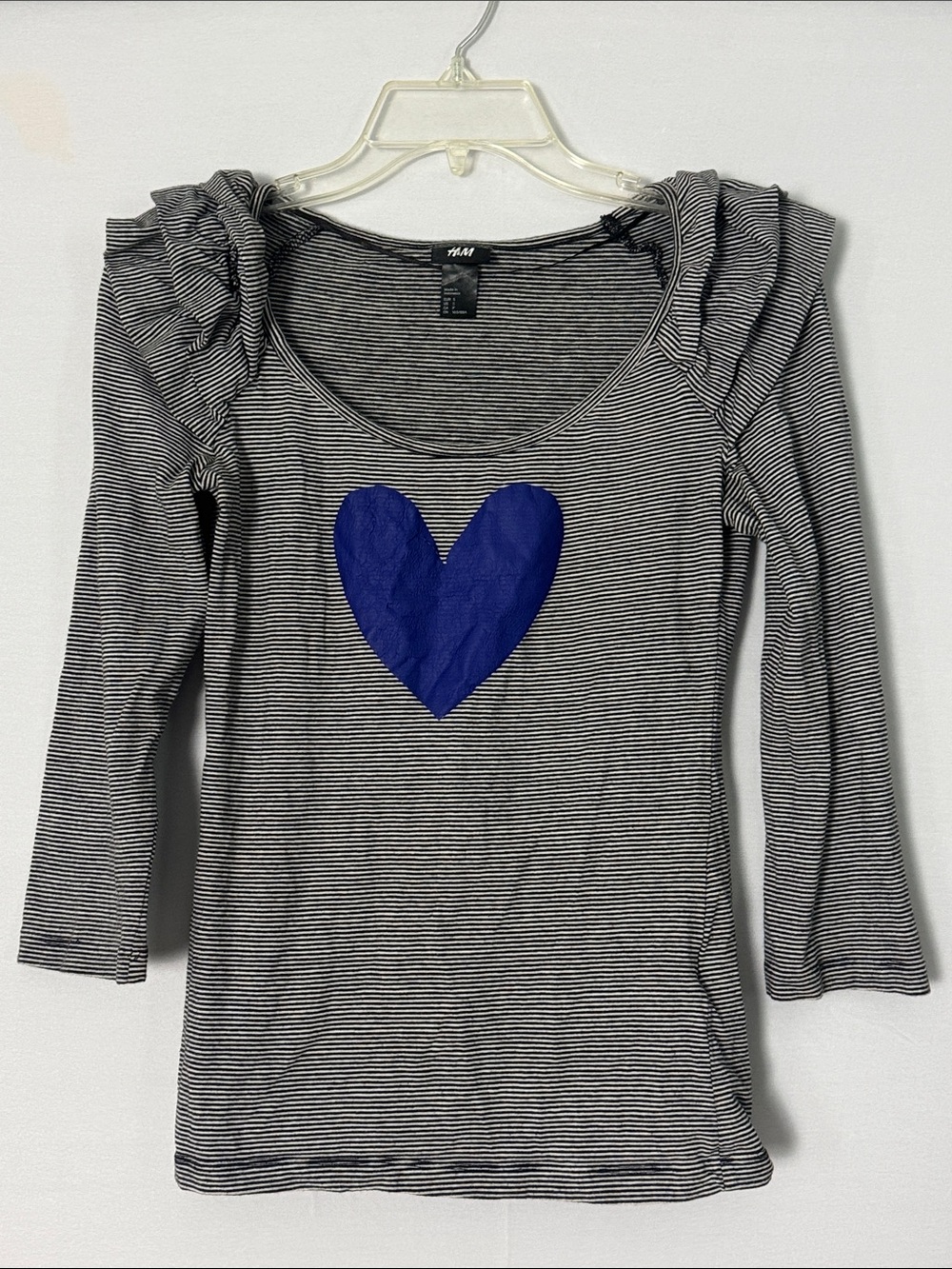 Black & White Striped  Quarter Sleeve Top with Blue Heart